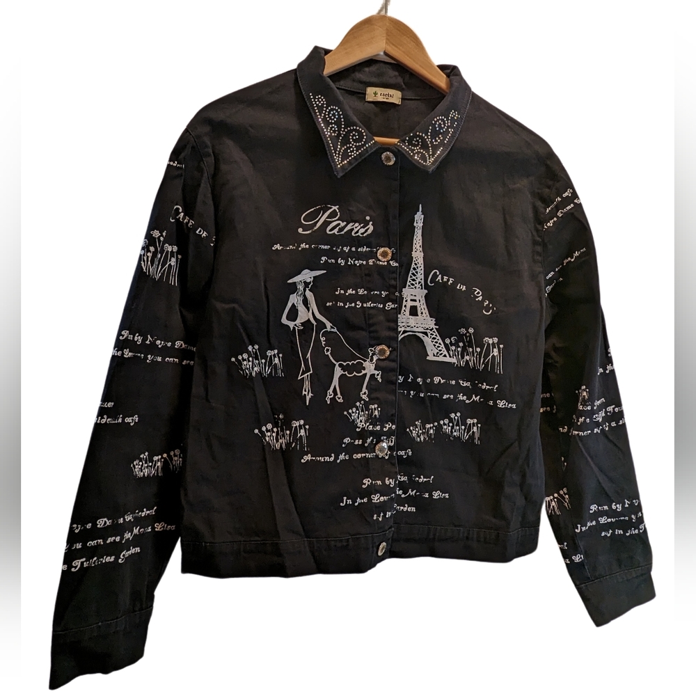 Denim designer Jacket. Novelty Paris themed with rhinestone accents